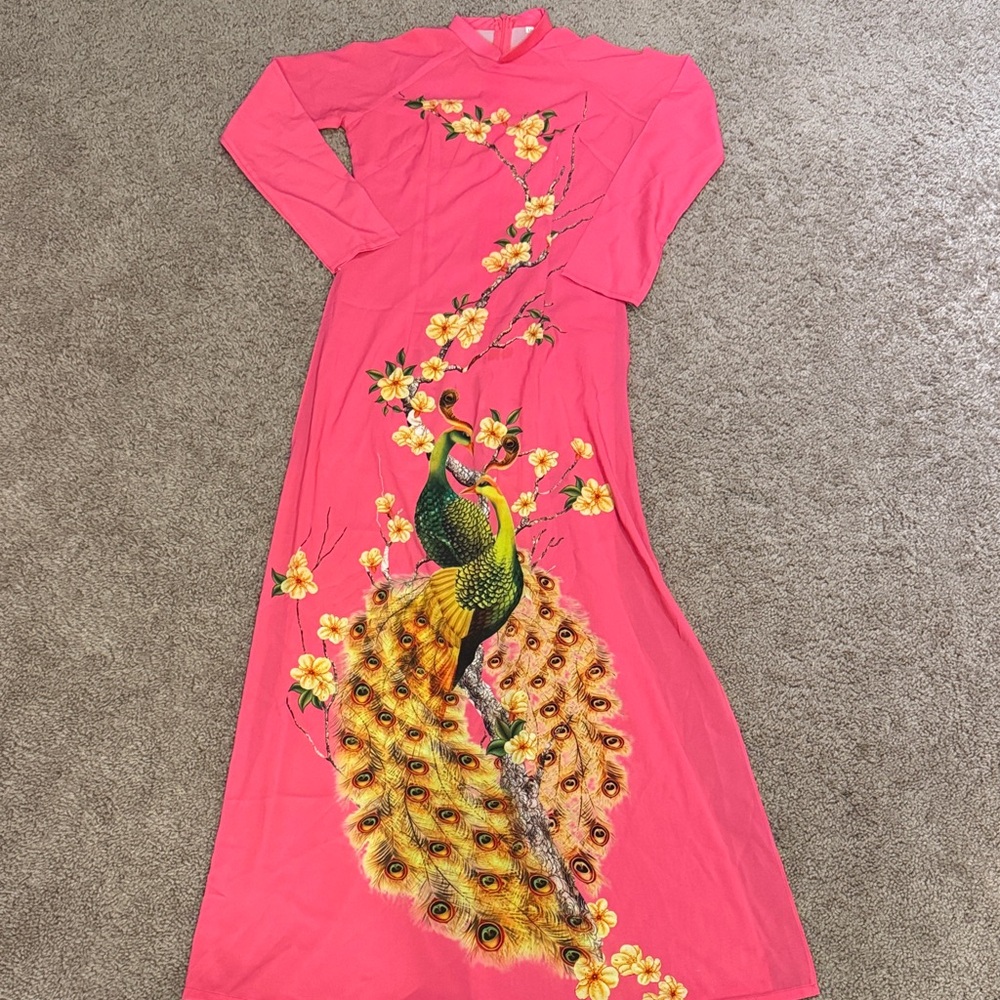 Vibrant Pink Peacock Long Sleeve Ao Dai